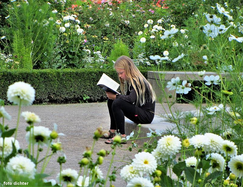 Lesende mit Blumen