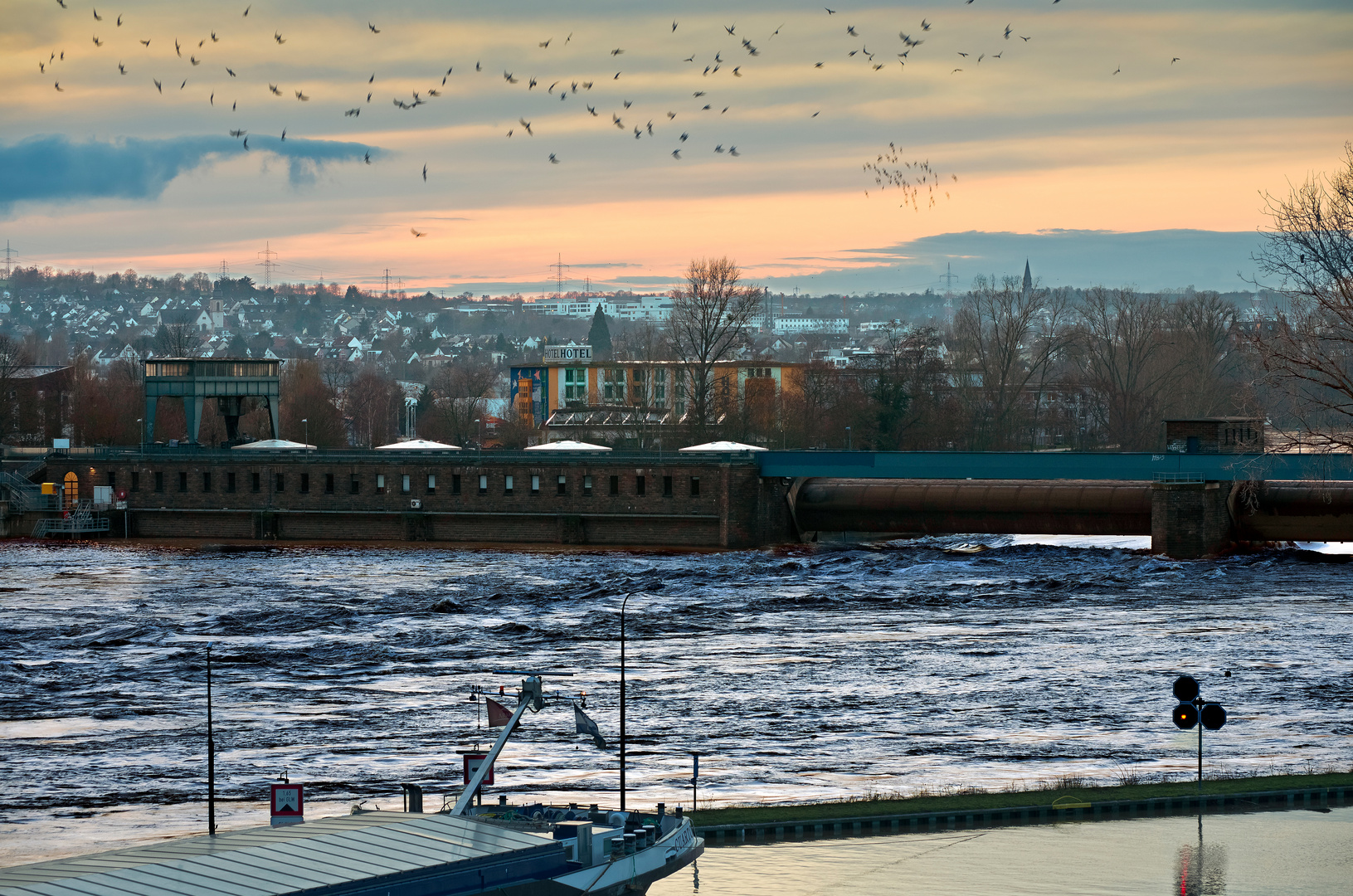 Letztes Wehr der Mosel in Koblenz, Hochwasser am 05. Feb 2021