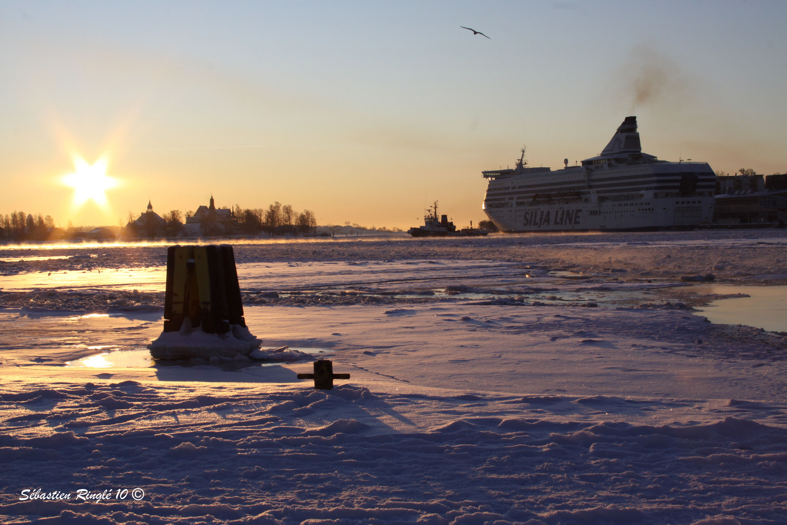 Levé de soleil sur le port d'Helsinki en hiver