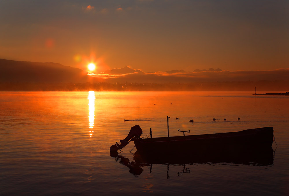 Lever de soleil sur le Léman depuis le port de Tannay