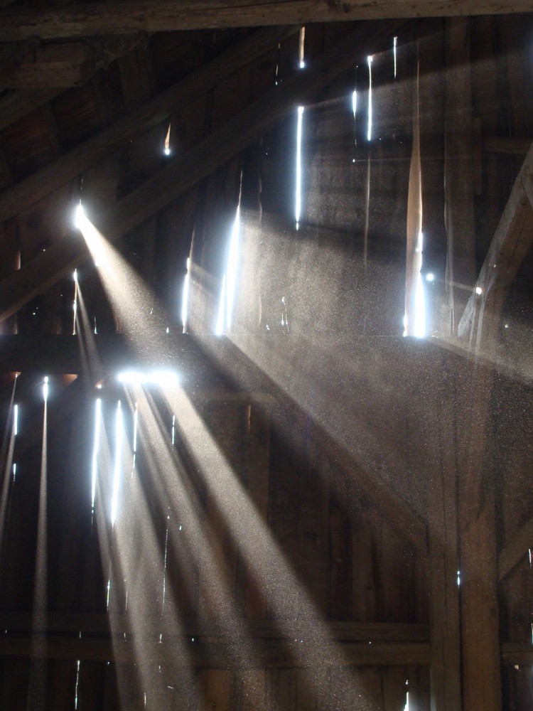 Lichtdurchfluteter Stadl mit aufgewirbeltem Staub 2