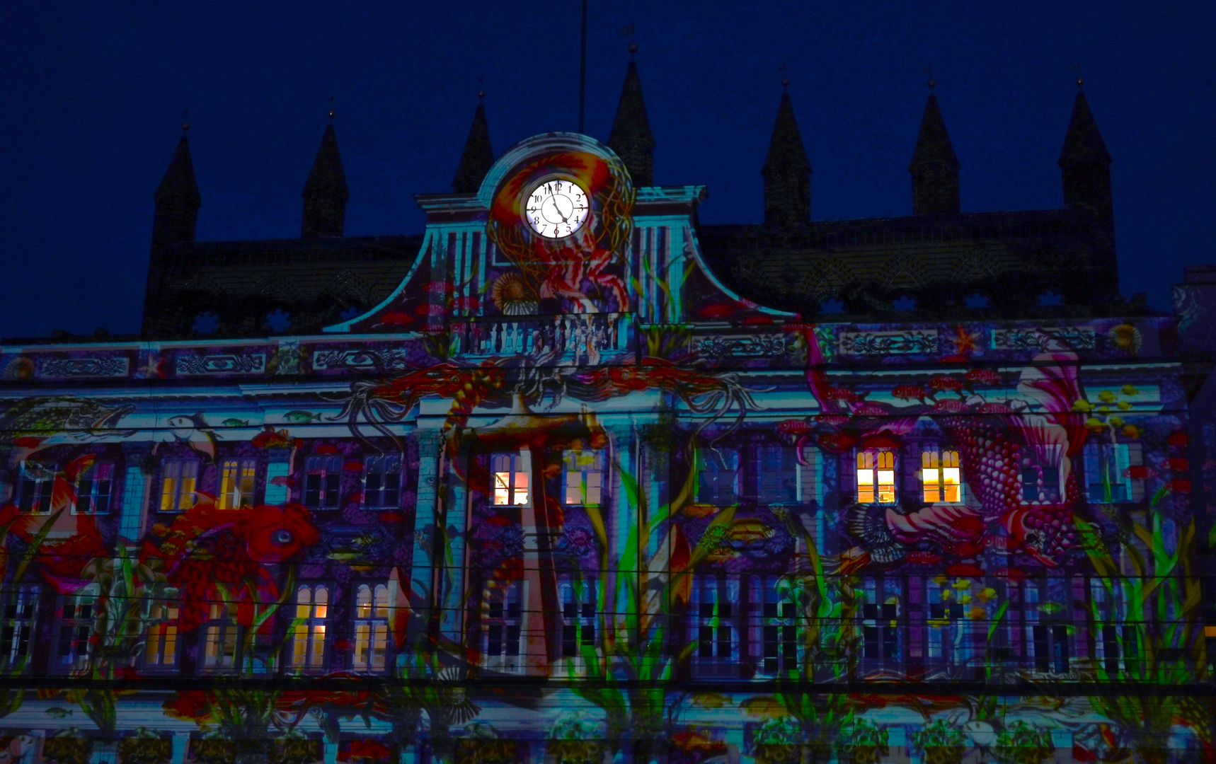 Lichtinstallationen einer Unterwasserwelt  am Rostocker Rathaus