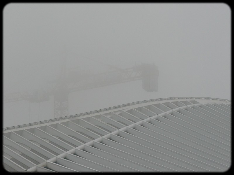 Liège Guillemins - gare Calatrva et grue dans la brume matinale - décembre 2007