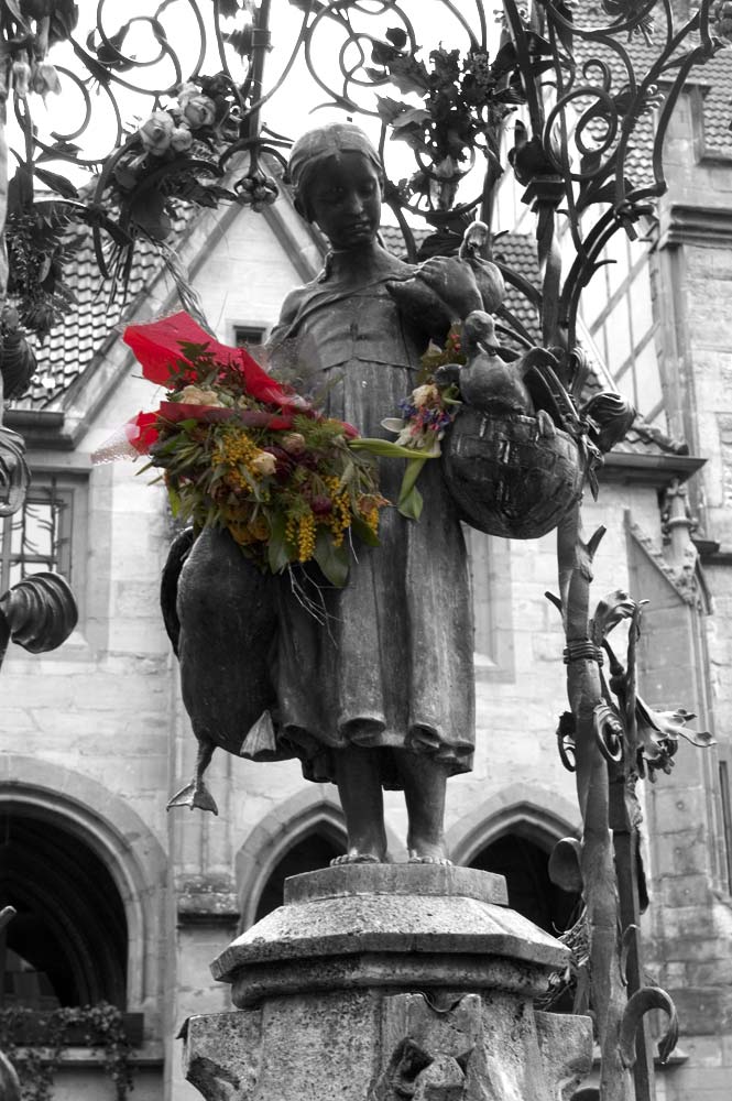 Liesel mit Gaensen und Blumen