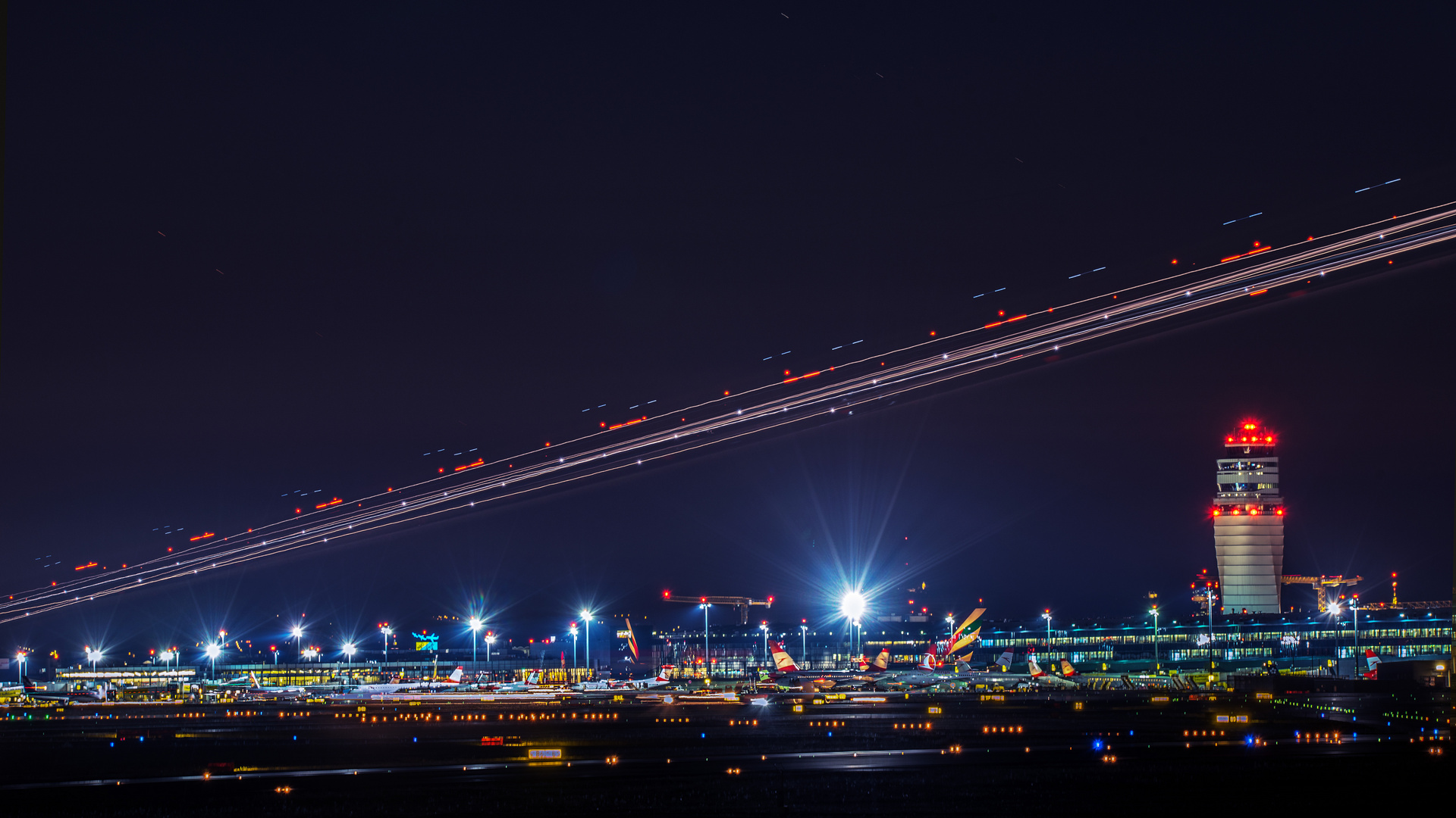 Light trails over the airport