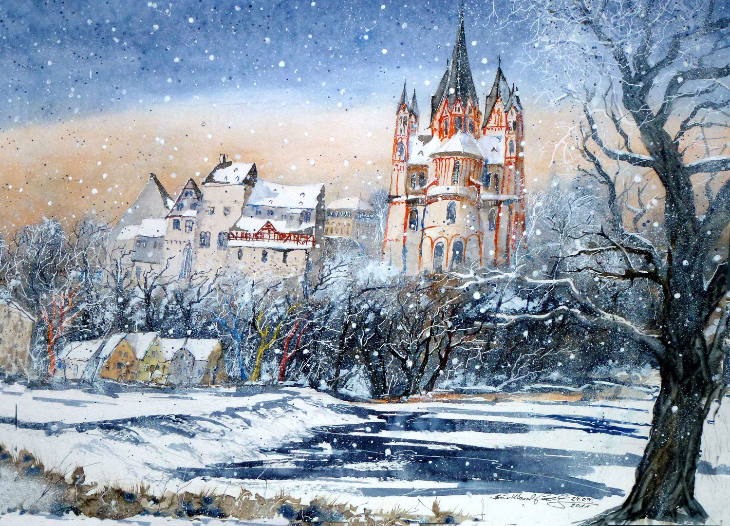 Limburg, Dom und Schloss als Winter-Aquarell