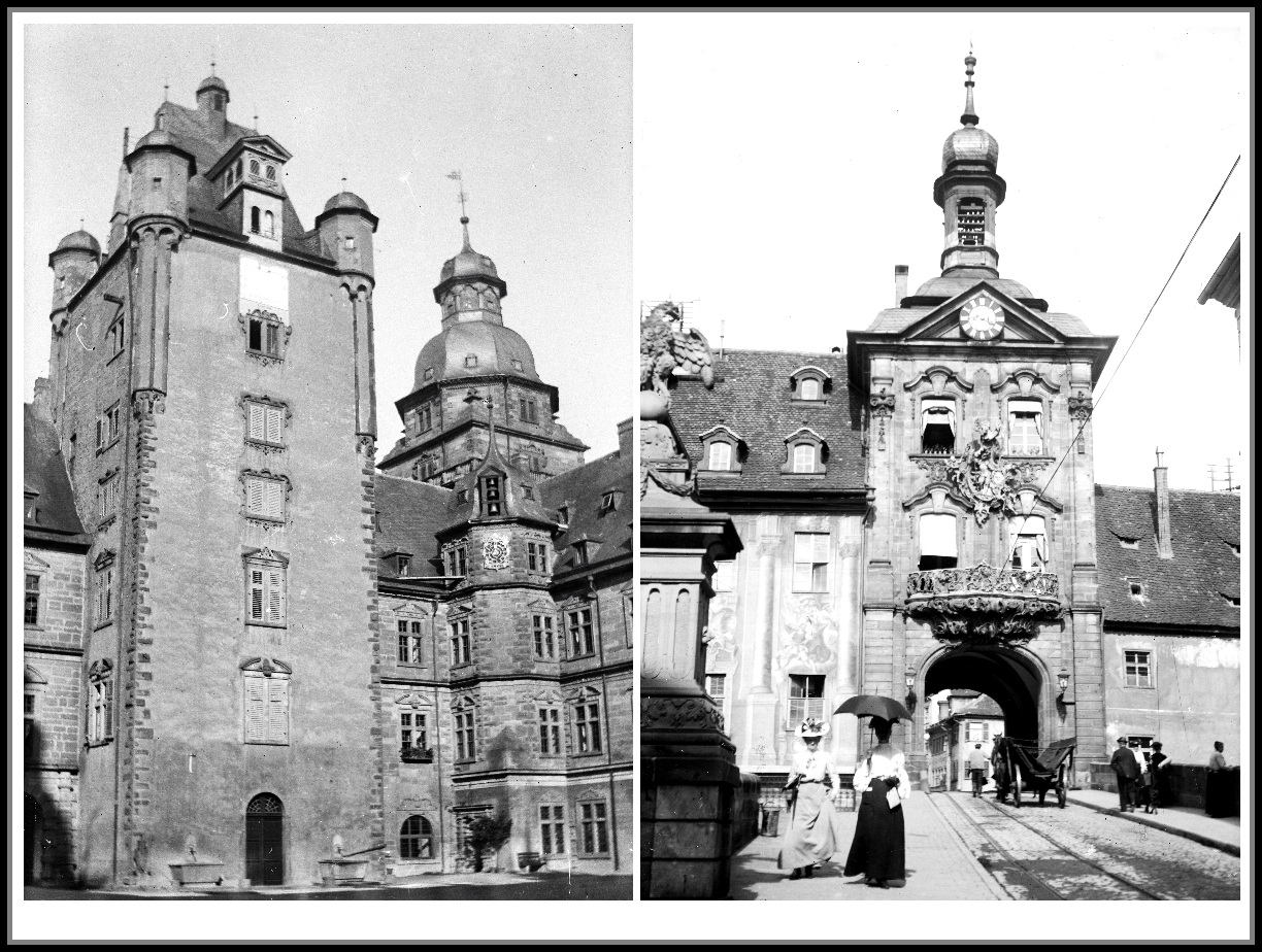 Links-Schloß Johannisburg in Aschaffenburg um 1895, rechts-Rathaus in Bamberg
