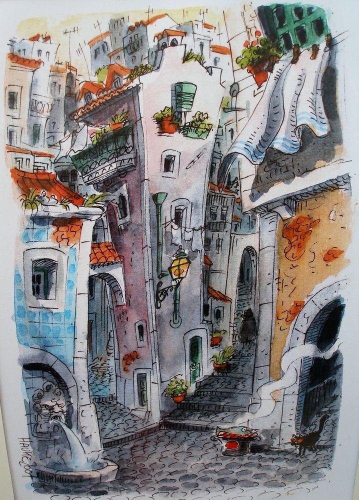 Lissabon: Kunstdruck-von-den-verwinkelten-Hügelstrassen