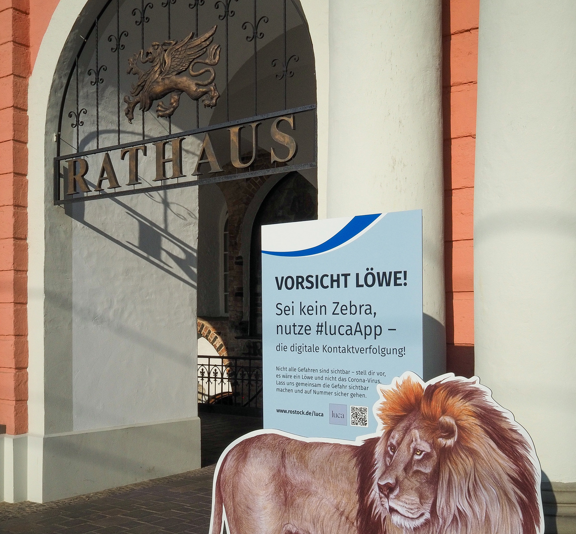 Löwenstelen werben in Rostock für die luca-App