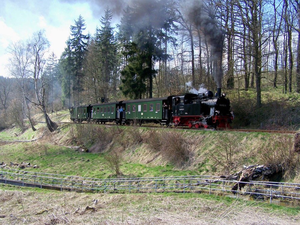 Lok 99 6102 "Fiffi" mit Traditionswagen kurz vor Harzgerode