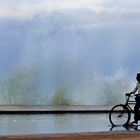 lonely cyclist at high tide