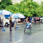 Lonely woman on the wheelchair racing