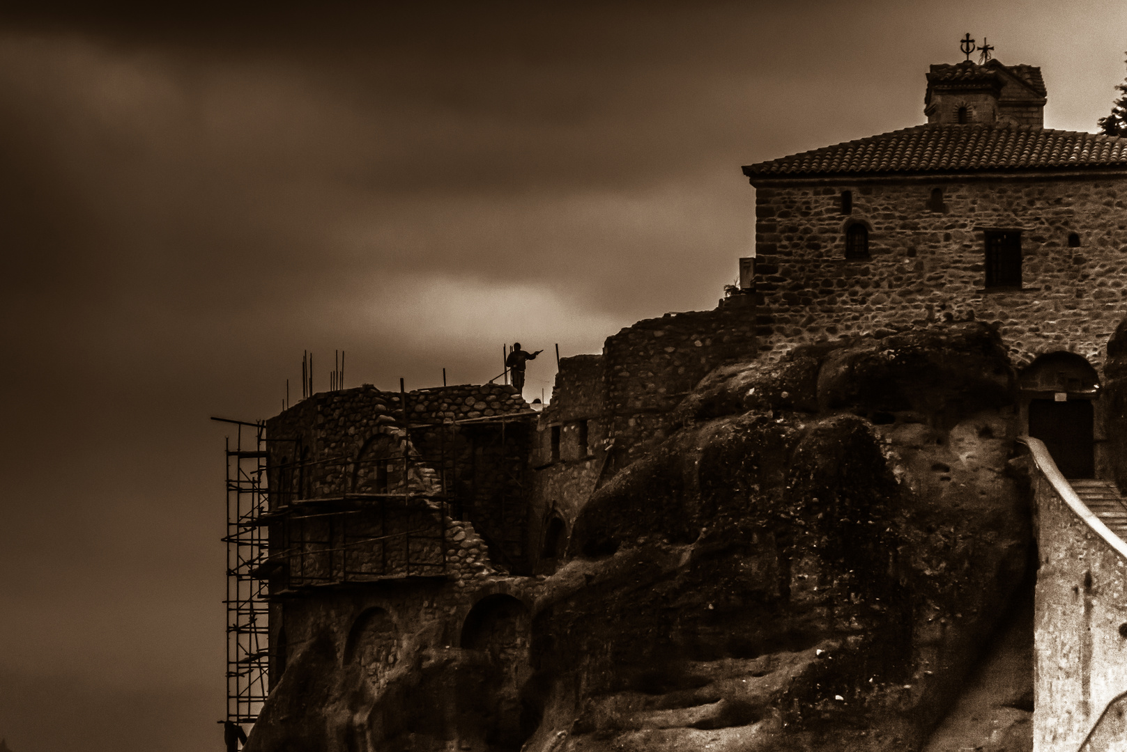 Lonely worker. Monastery Verlaam, Meteora, Greece