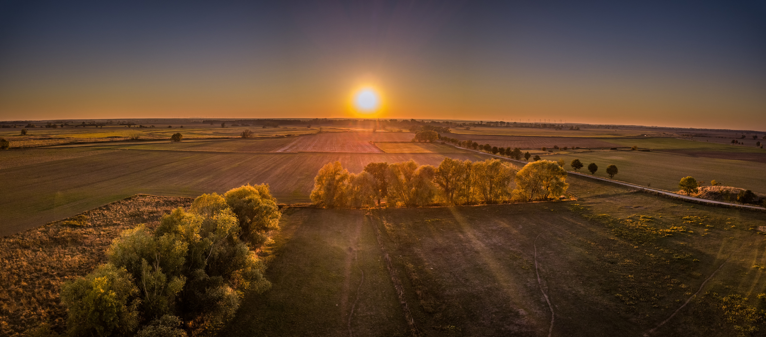 Luftaufnahme / Panorama von Feldern bei Sonnenuntergang