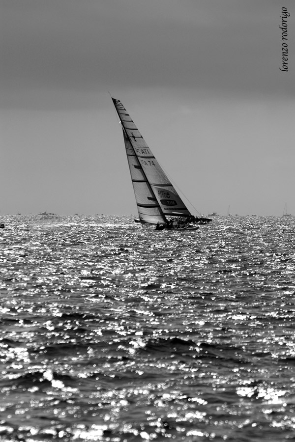 Luna Rossa. in regata. controluce