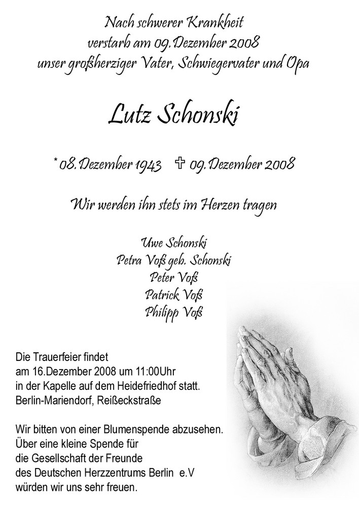 Lutz Schonski  *08.Dezember 1943  +09.Dezember 2008