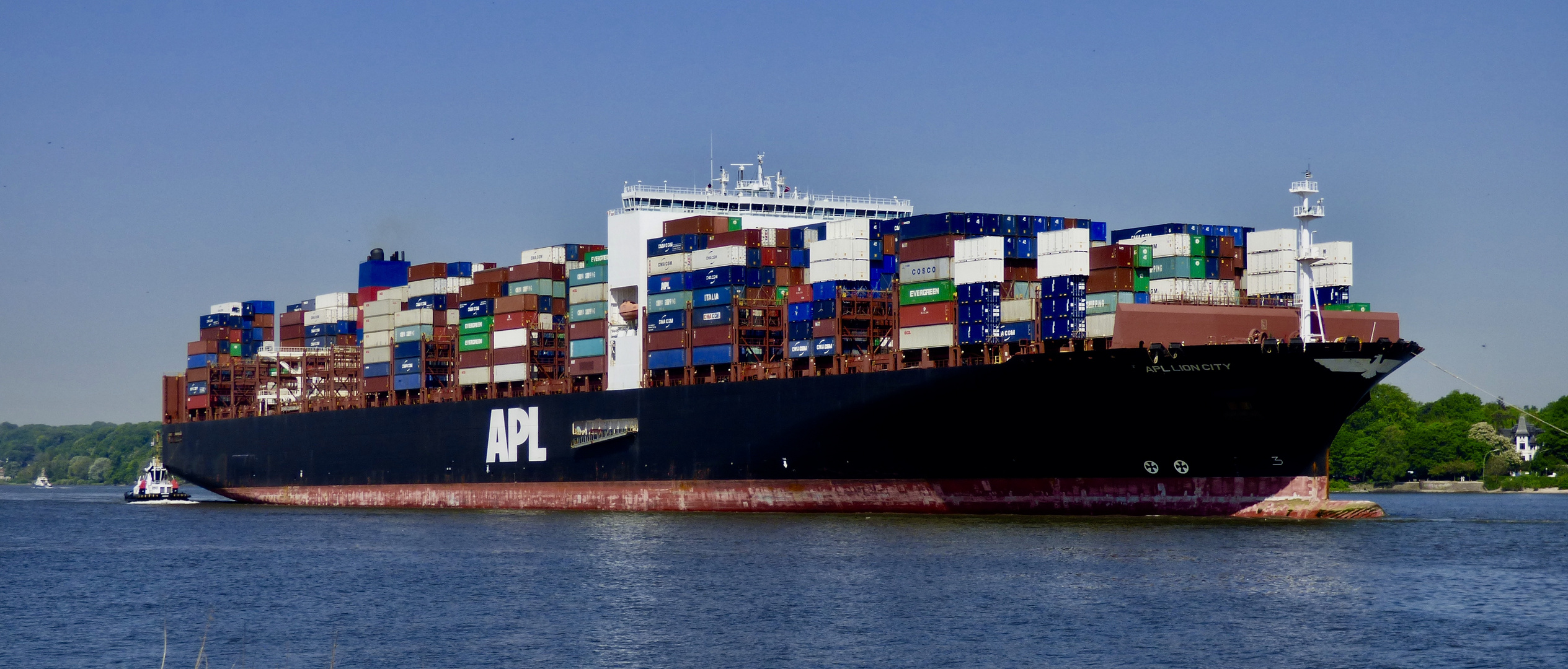 Mächtiger Containerfrachter APL LION CITY auf der Elbe in Hamburg