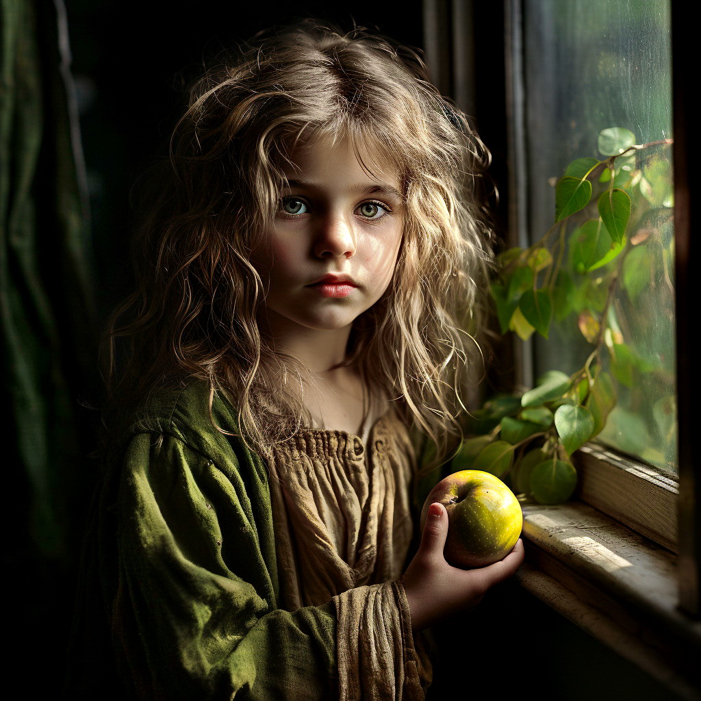 Mädchen mit Apfel am Fenster 