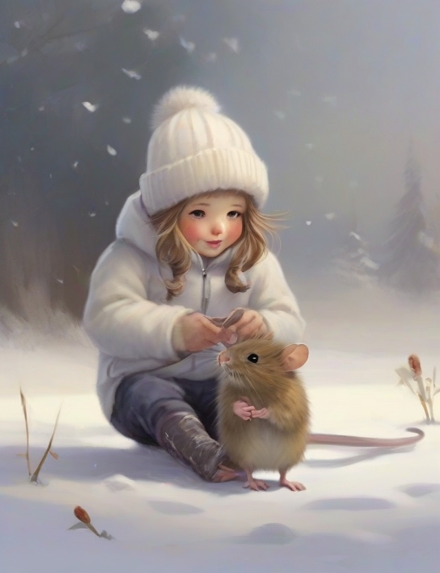 Mädchen mit Maus im Schnee...