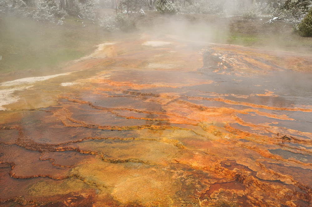 Mammoth Hot Springs reflets dans l'eau et le soufre.