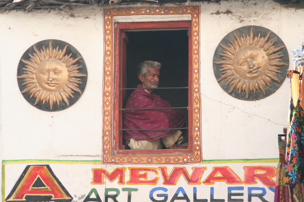 man sitting in ART Gallery, India, Rajasthan