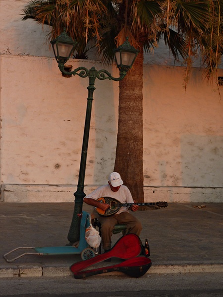 Mandolinespieler in Hafenlandschaft