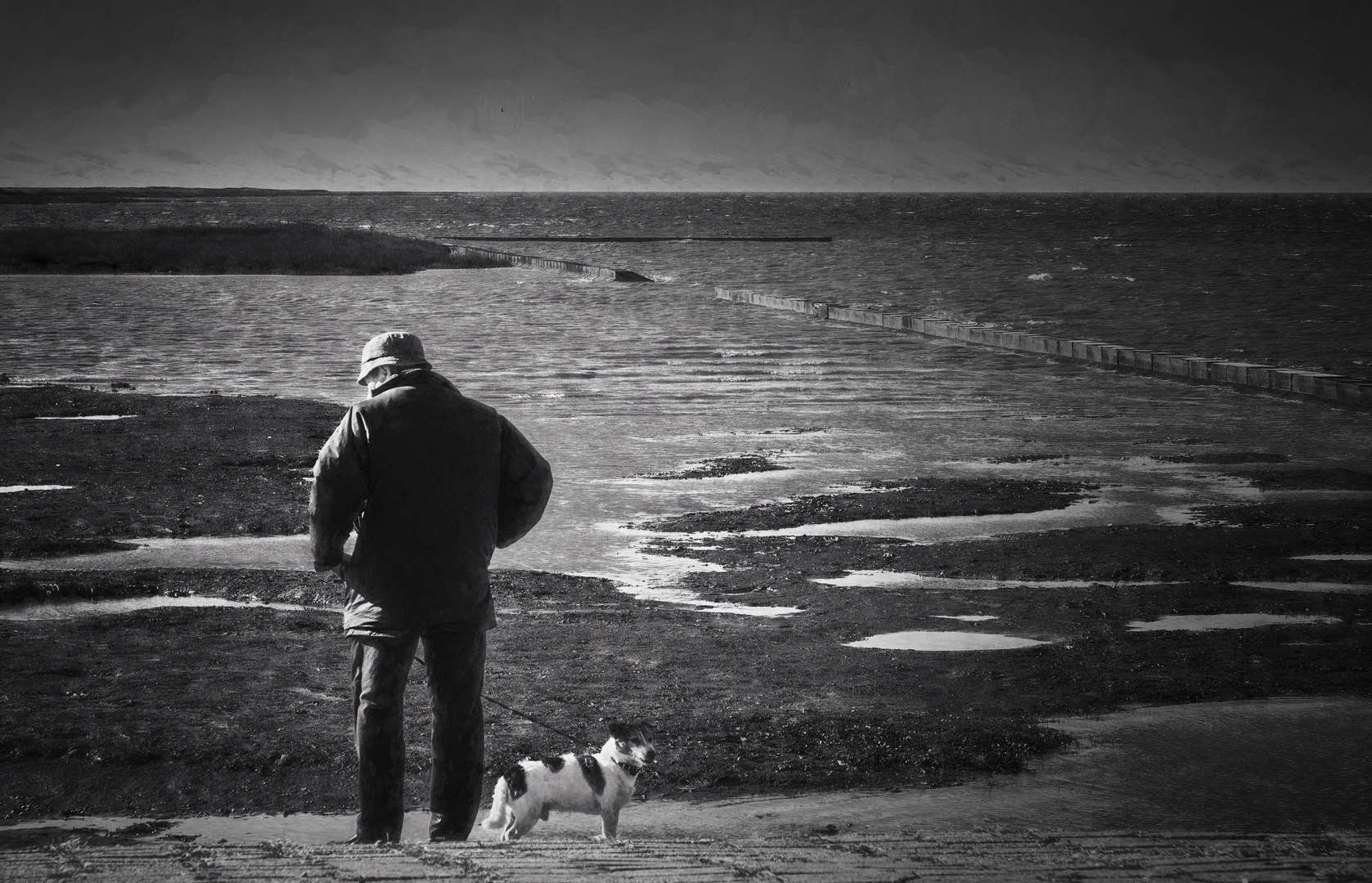 Mann mit Hund am Nordseestrand