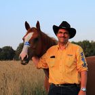 Mann mit paint horse auf dem Feld 2014 Spätsommer