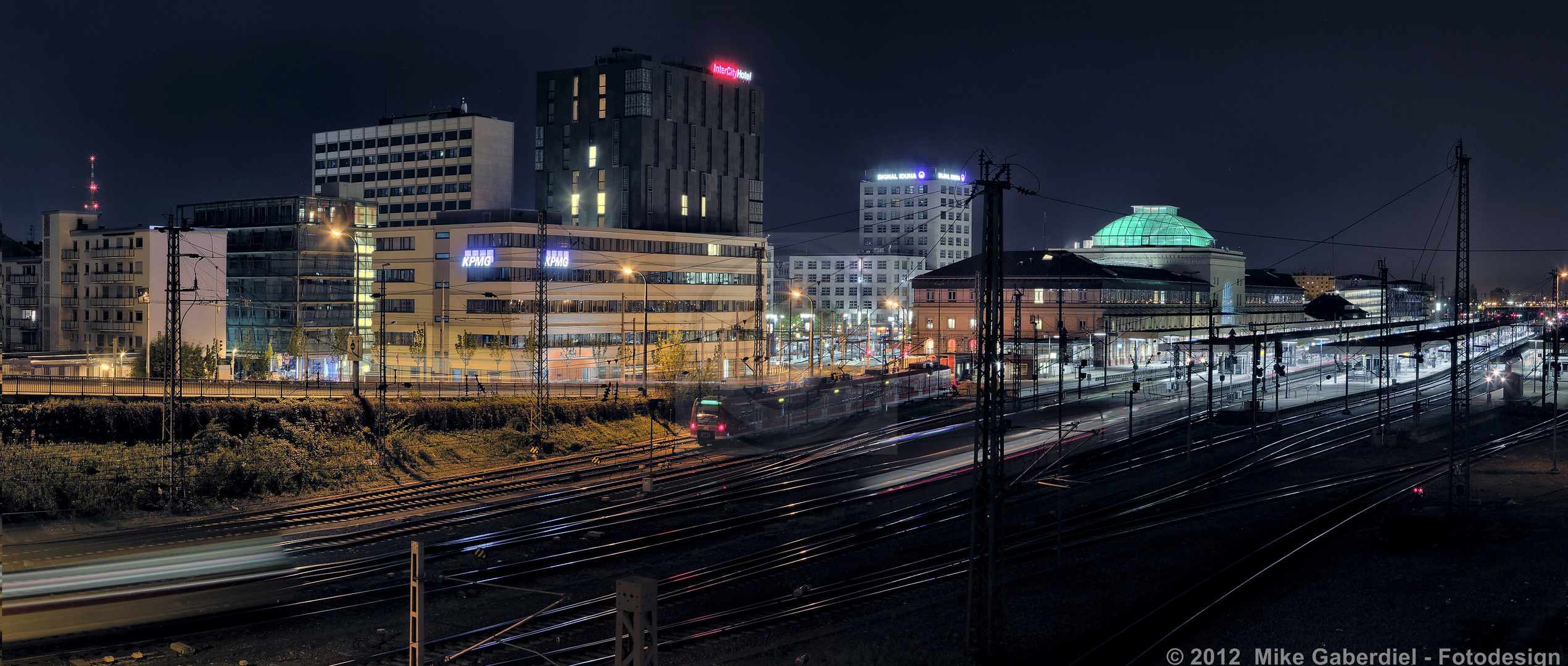 Mannheim, Germany, Night view of the Main Station area from south west