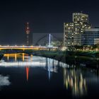 Mannheim, Germany, Night view of the Neckar with TV Tower and Collini Center