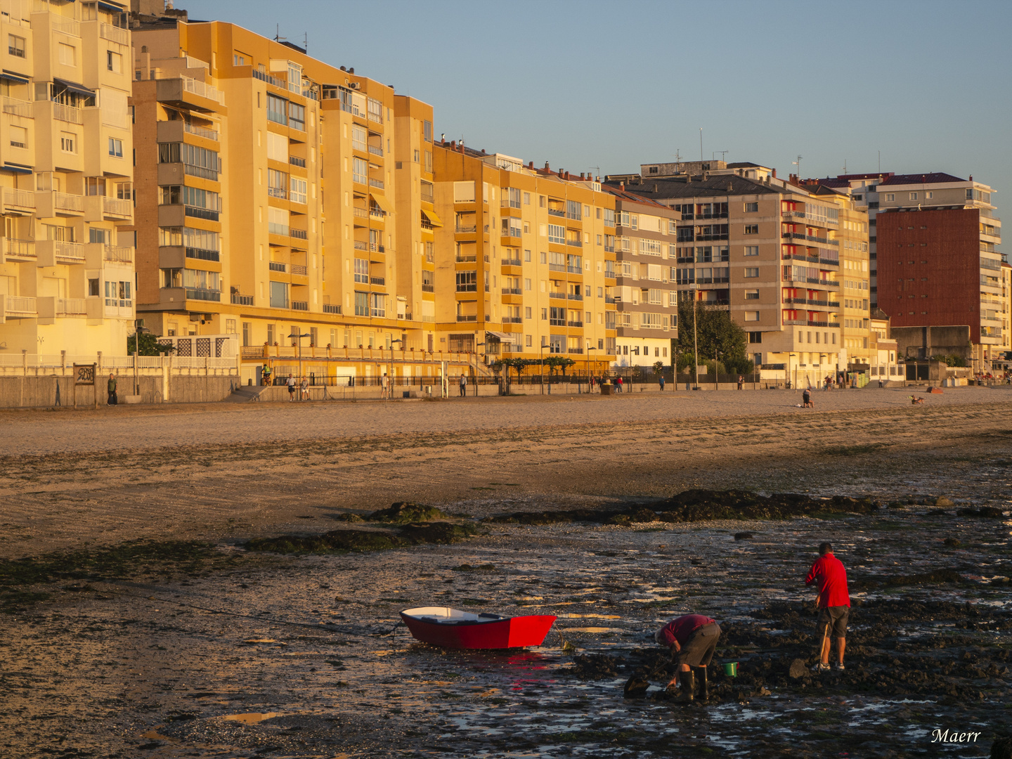 Mariscando con la marea baja y la puesta de sol