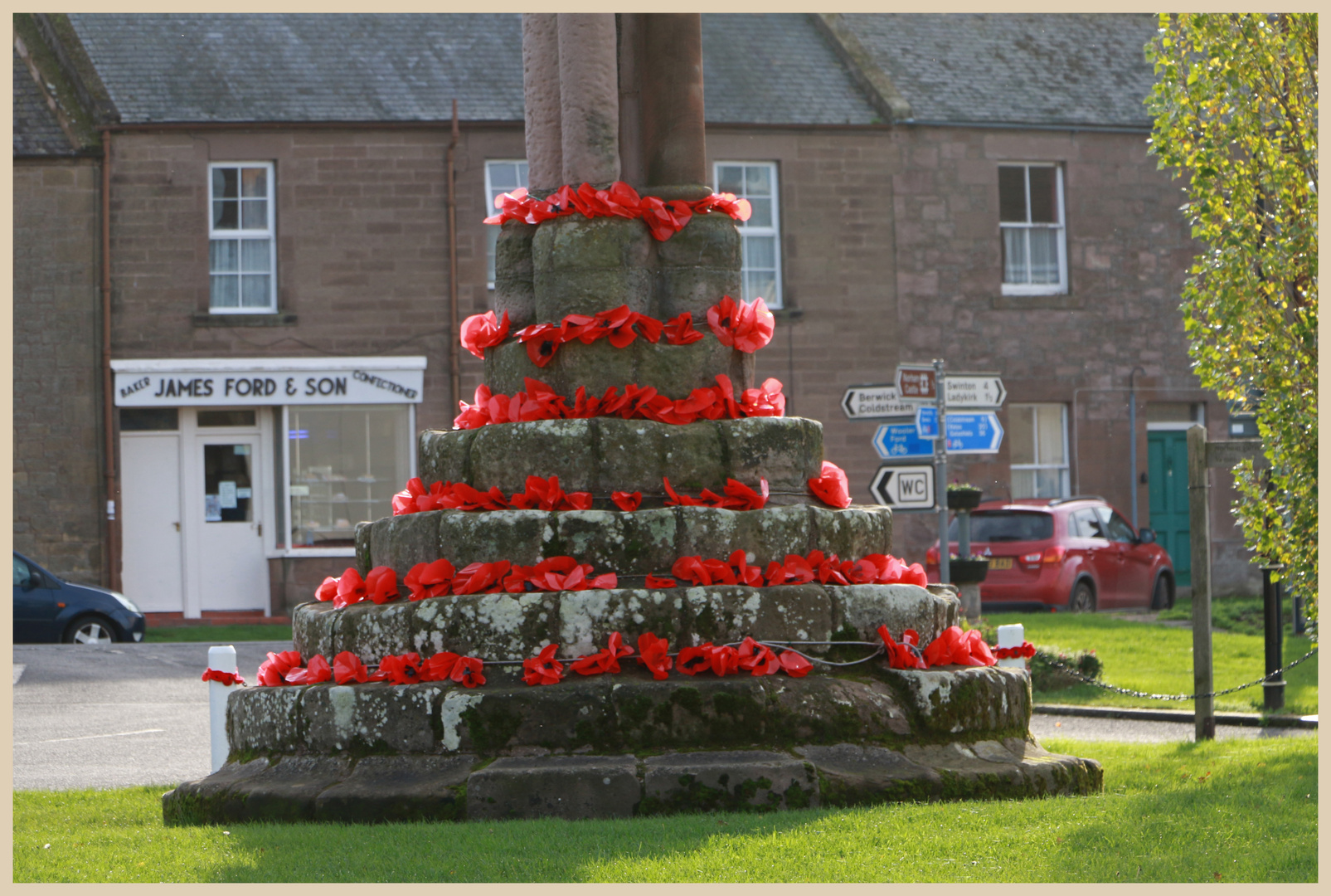 market cross decked out for armistice day at Norham