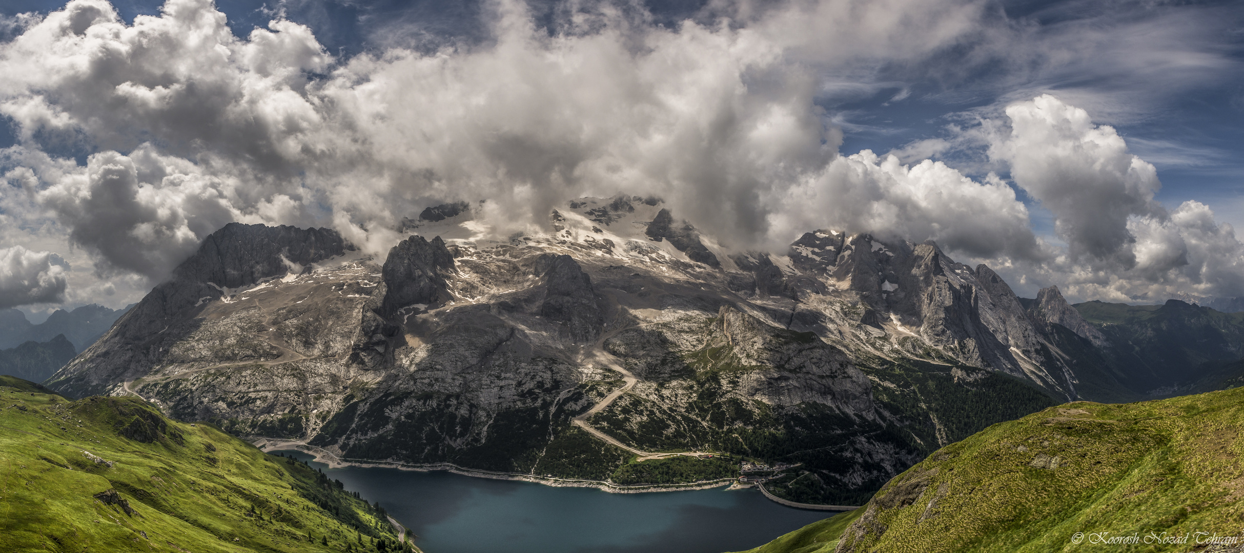 Marmolada / Fedaia Reservoi_Dolomites_South Tyrol_Italy. The highest mountain in Dolomites, 3343 m