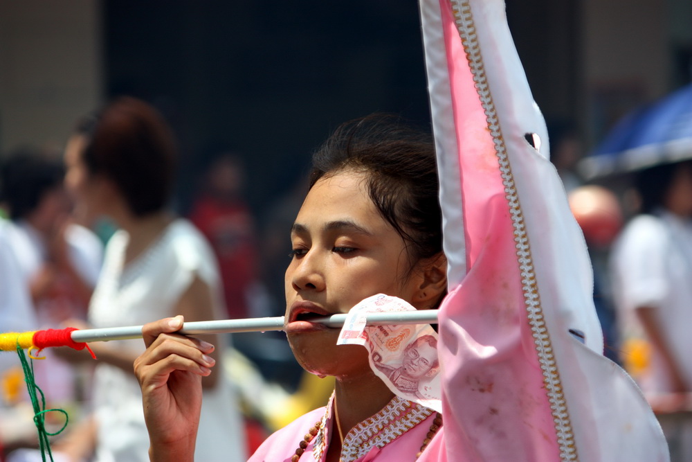 Medium in trance at chinese Vegetarian Festival, Krabi, Thailand