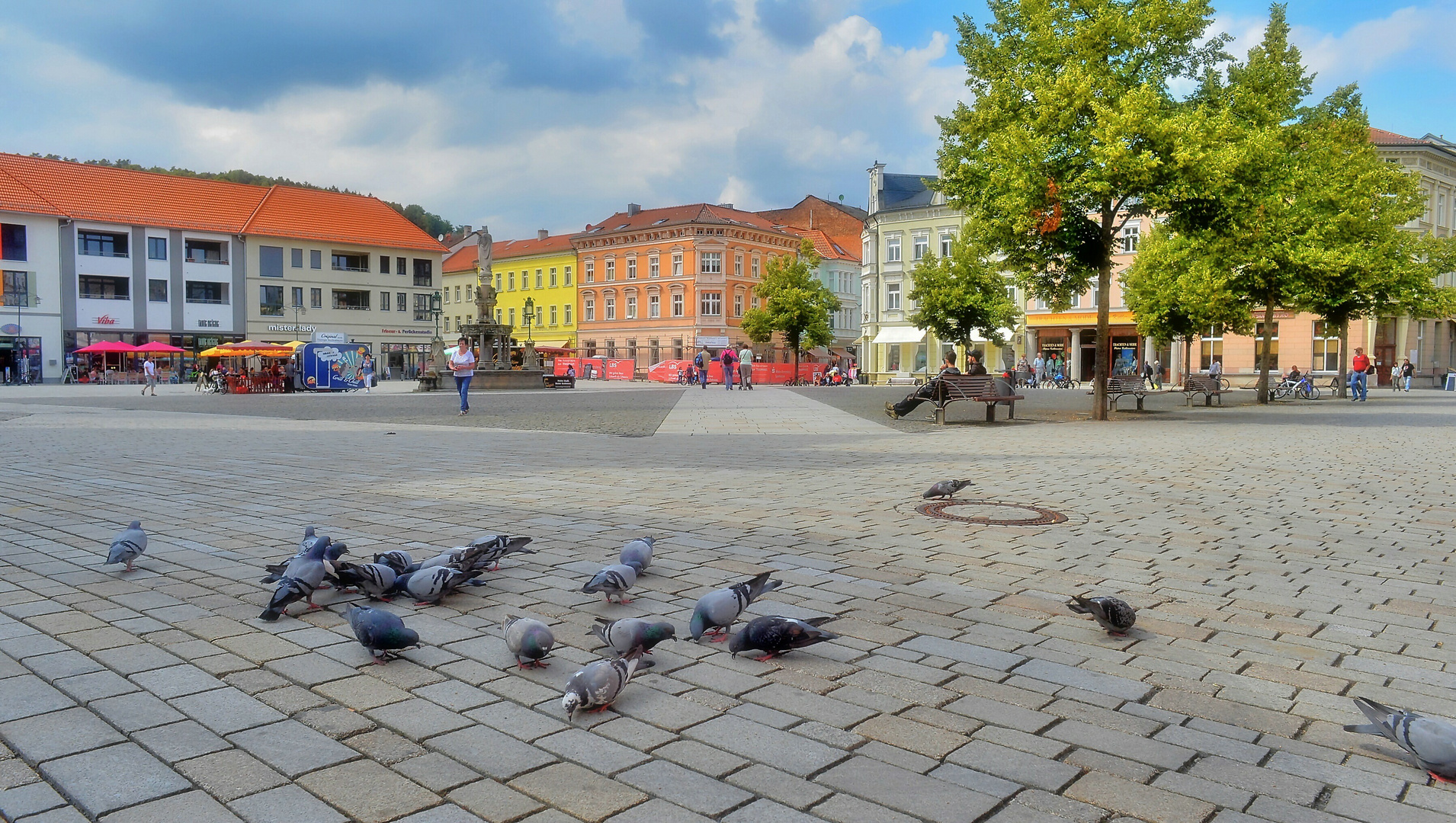 Meiningen, Tauben auf dem Marktplatz (Meiningen, palomas en la plaza mayor)