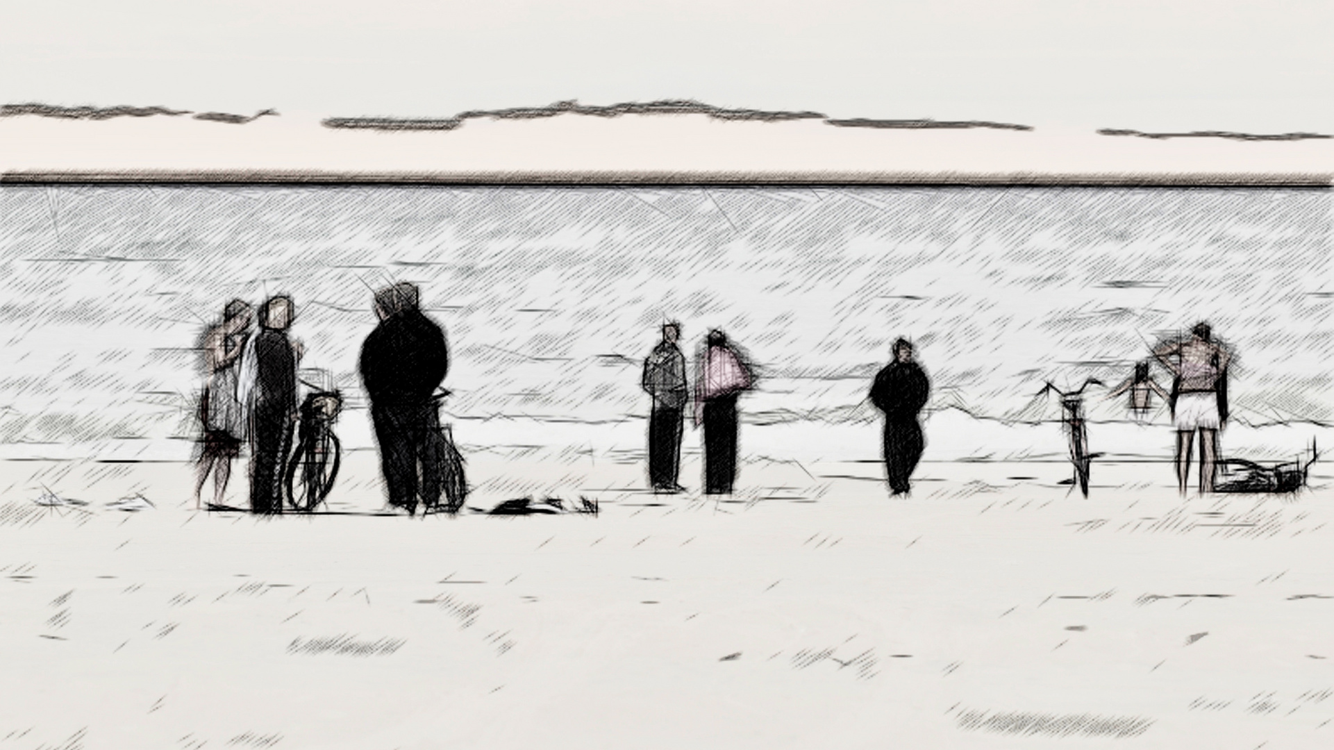 menschen mit fahrrad am strand ...