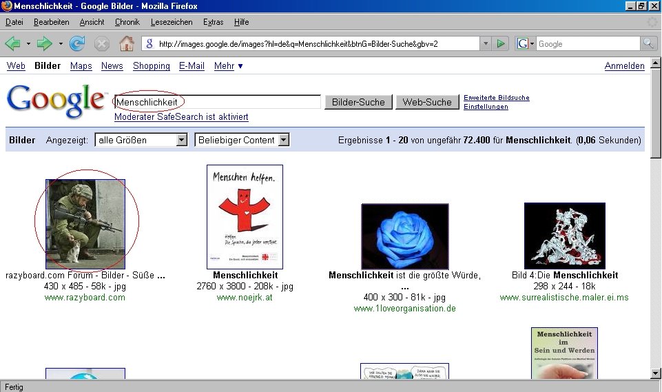 Menschlichkeit (kleines Experiment mit der Google-Bildersuche, Screenshot)