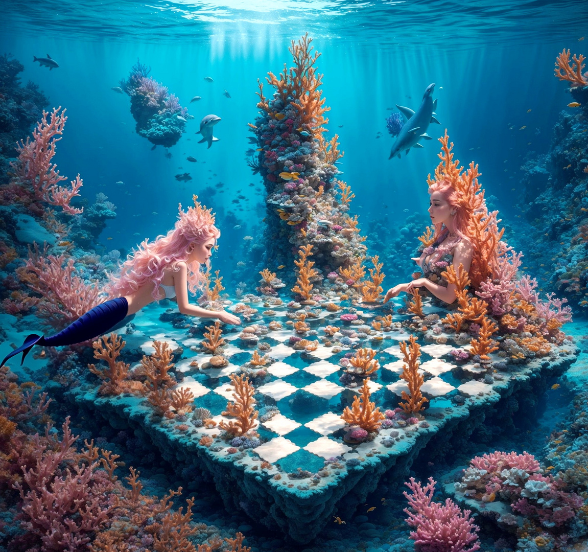 Mermaids playing chess