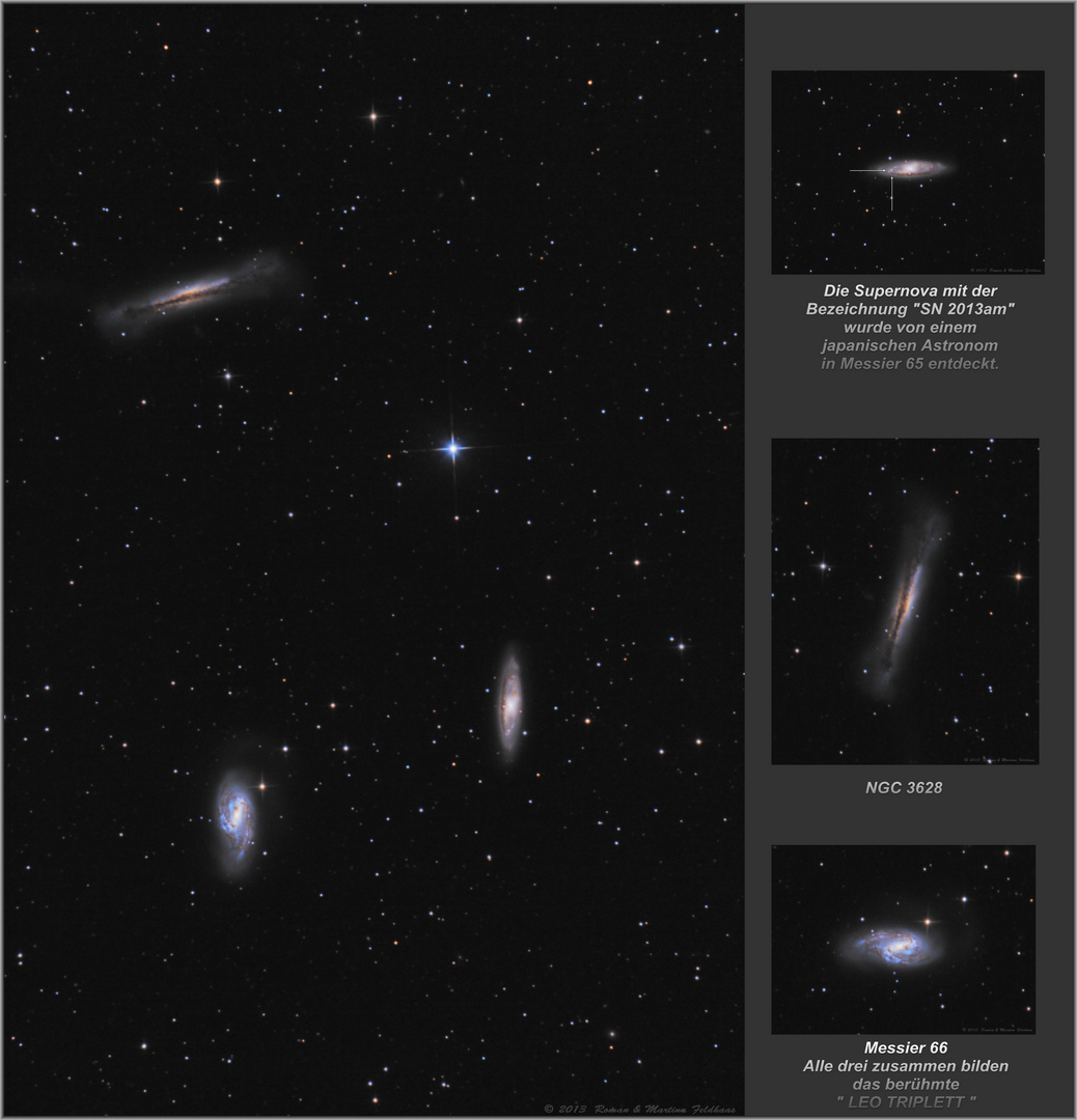 Messier 65 & 66, NGC 2628 (Leo Triplett) - inkl. Supernova SN2013am