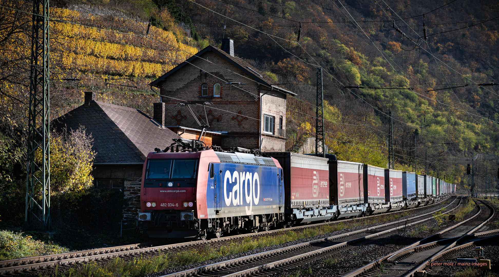 Middle Rhine Valley / Herbst im Mittelrheintal - SBB Cargo Containerzug bei Kaub