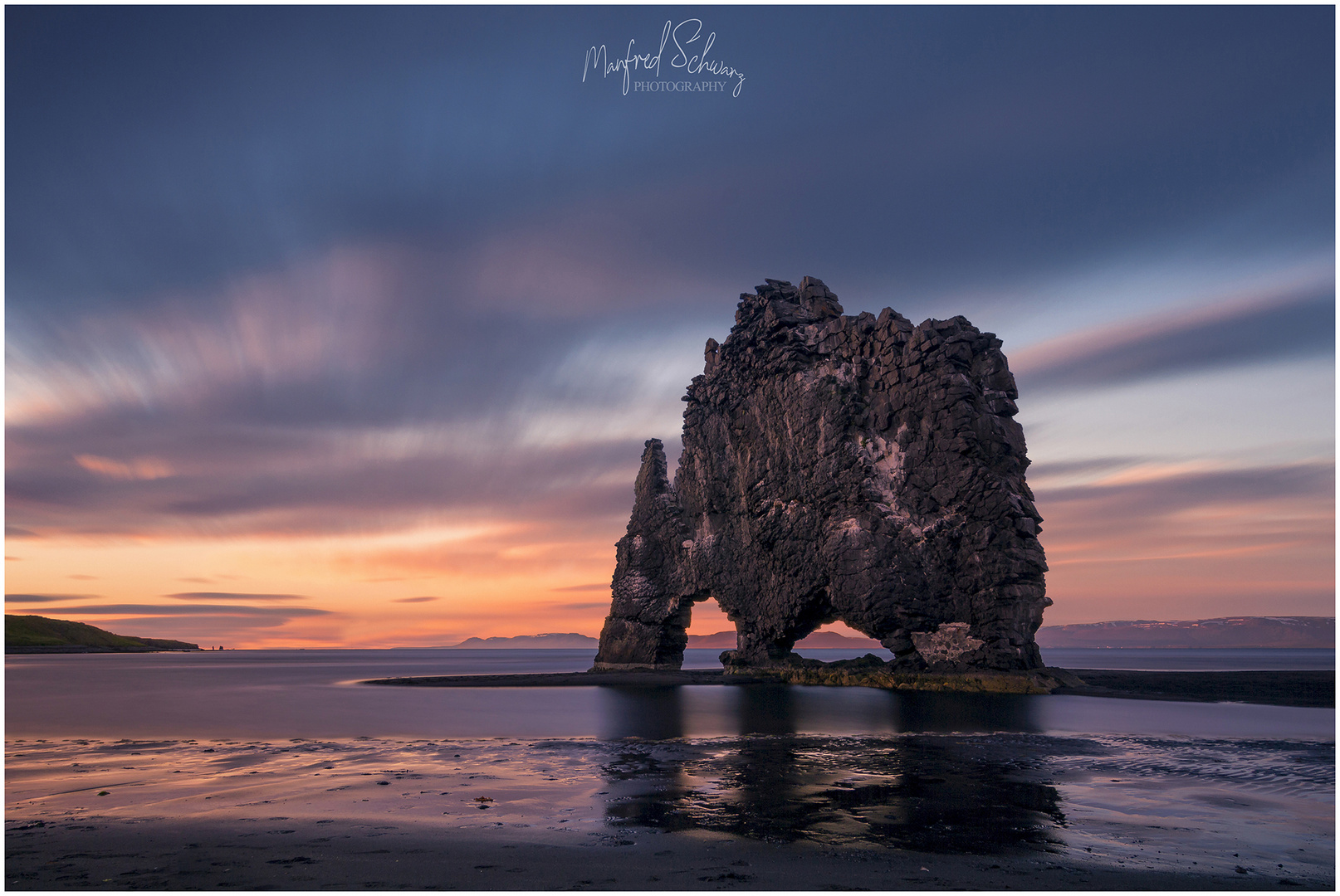 midnight sun at Hvitserkur, Iceland