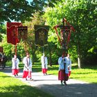 Ministranten mit Fahnen und Standarten vor dem Blutreiter