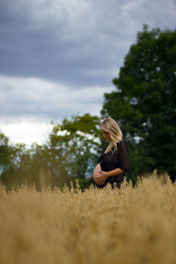 mit Babybauch im Haferfeld