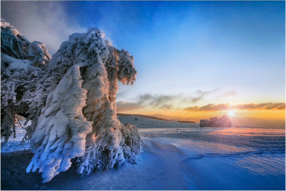 mit den letzten Sonnenstrahlen im Schnee