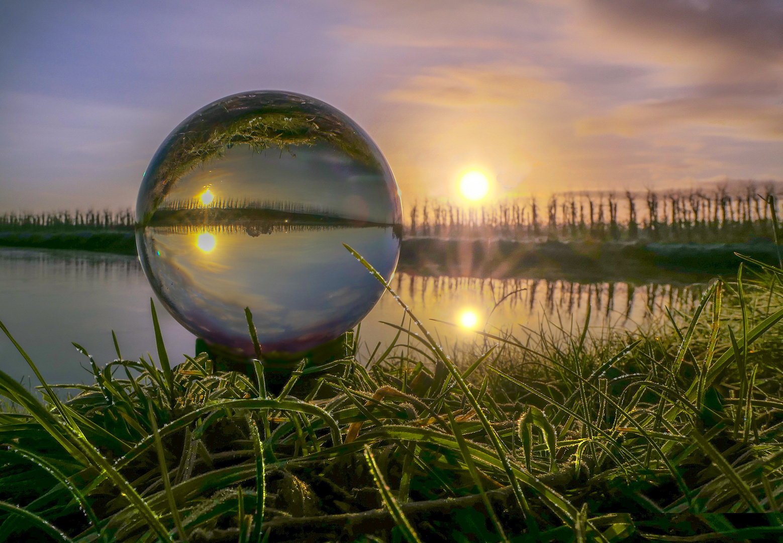 Mit der Glaskugel morgens früh am Teich