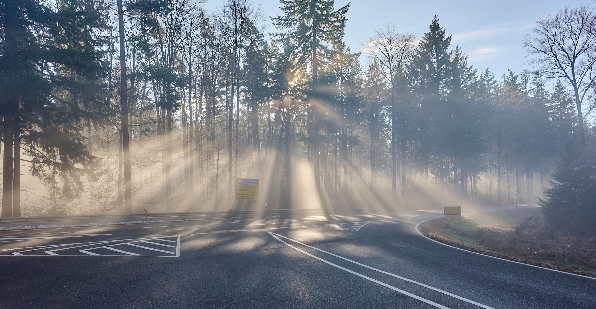 Mit der Licht-Nebelstimmung wird selbst eine Landstraße durch den Pfälzerwald zum Hingucker, oder ?