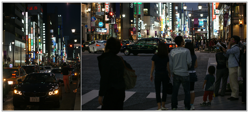 mit einem eindruck von der abendlichen einkaufsprunkstraße "ginza"