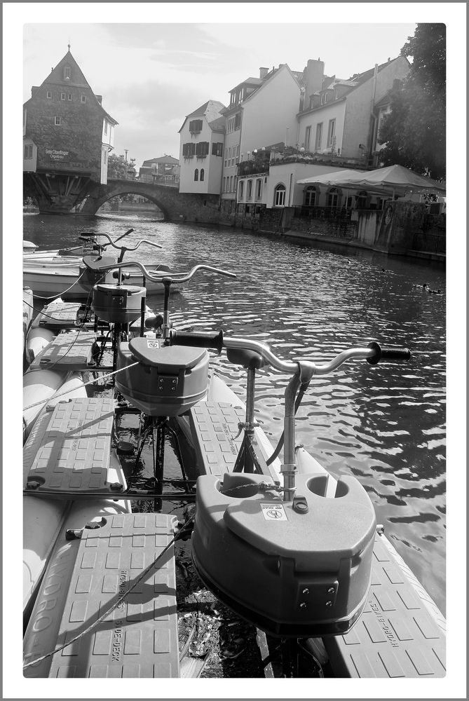 Mit Muskelkraft pedalbetriebene Wasserfahrzeuge in einem kleinen Binnenhafen gelegen von Franz Eberhard Fritsche 