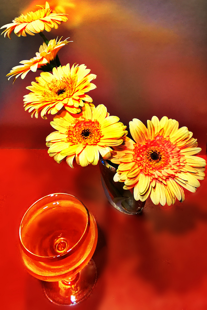 Mittwochsblümchen - Gelbe Gerbera und ein Glas Wein