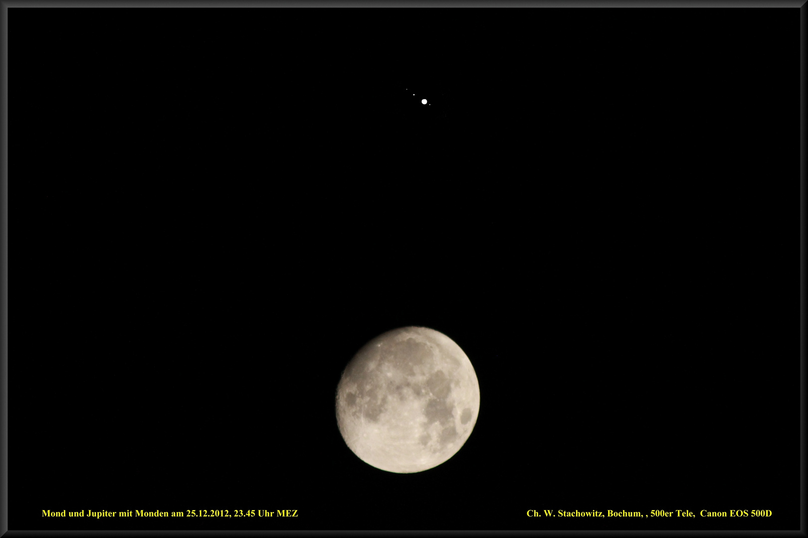 Mond mit Jupiter und seinen Monden, 25./26. Dezember 2012